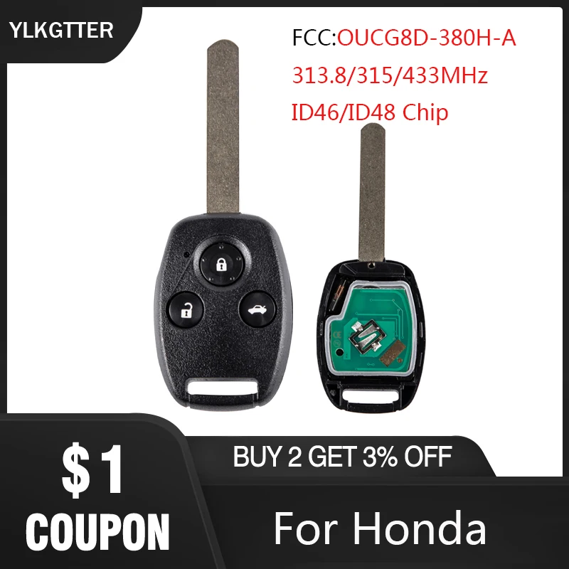 

YLKGTTER Car Remote Key Suit for Honda Accord CR-V HR-V Fit City Jazz Odyssey Shuttle Civic with 313.8/315/433MHz & HON66 Blade