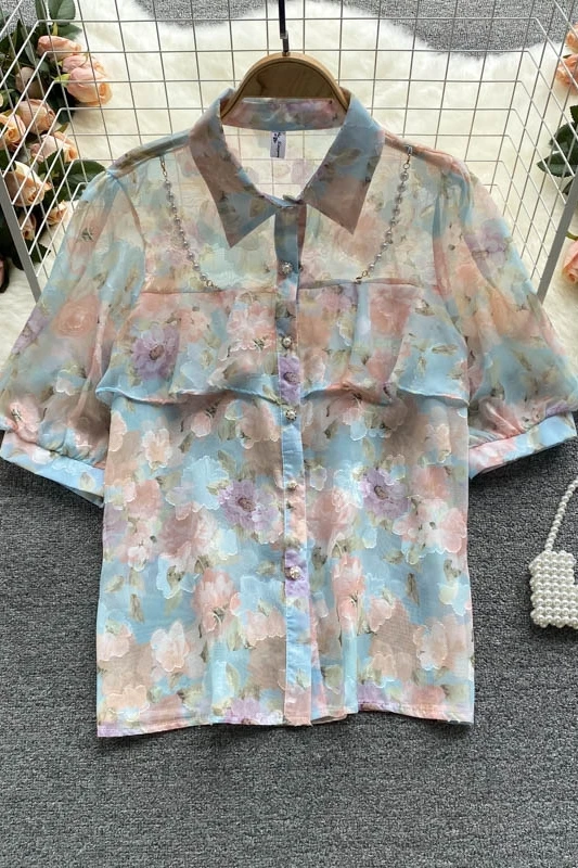 

Women's Chiffon Shirt 2021 Summer New Sweet Lotus Leaf Slim Fit Blouse Fashionable Beaded Sweet Floral Print Elegant Tops