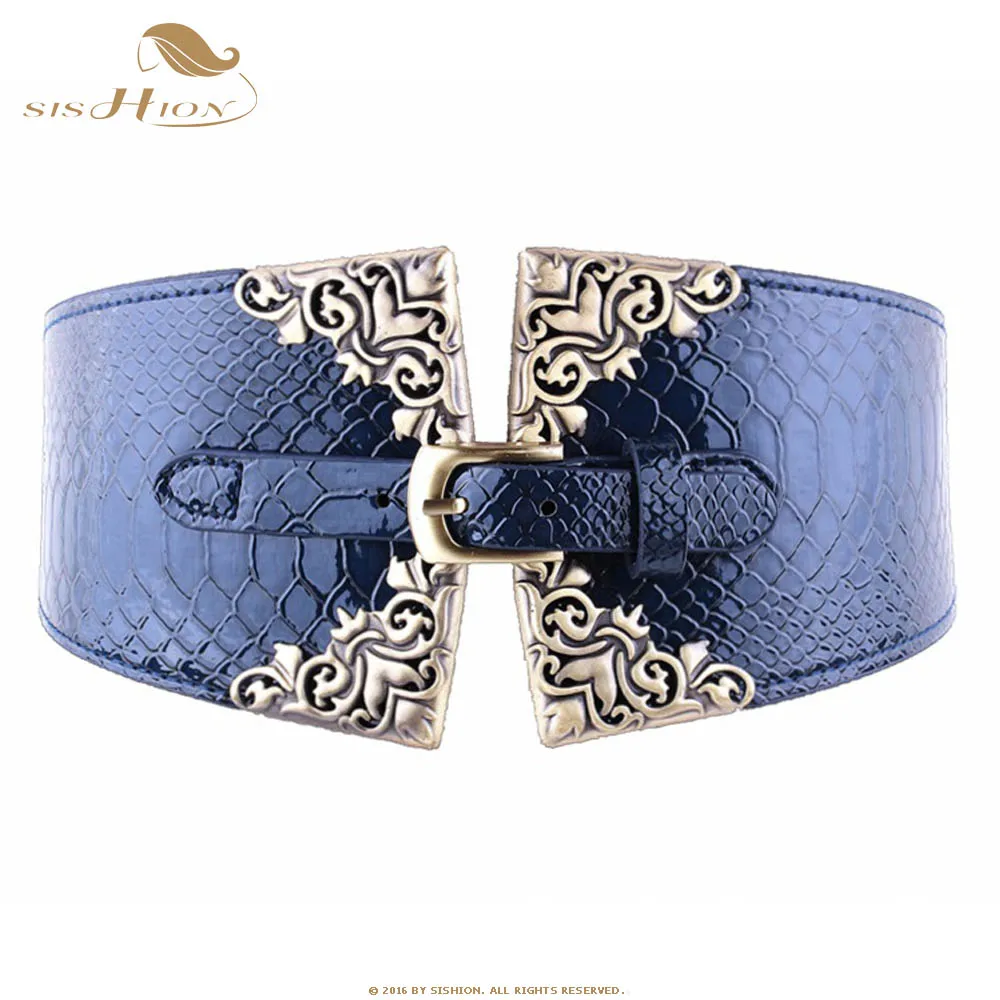 Navy Blue SISHION женский эластичный пояс из искусственной кожи широкий пояс Ретро Черный Красный Эластичный винтажный пояс - Цвет: Navy Blue
