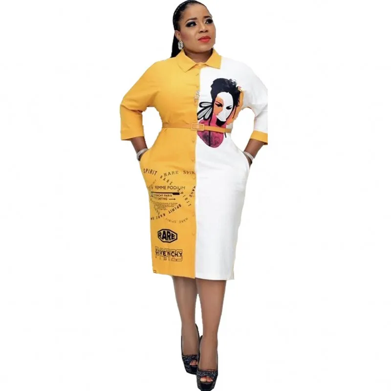 

African Shirt Dress Women Polo Neck Half Sleeve Turn Down Collar Robes Fashion Print Splice Streetwear African Office Lady Dress