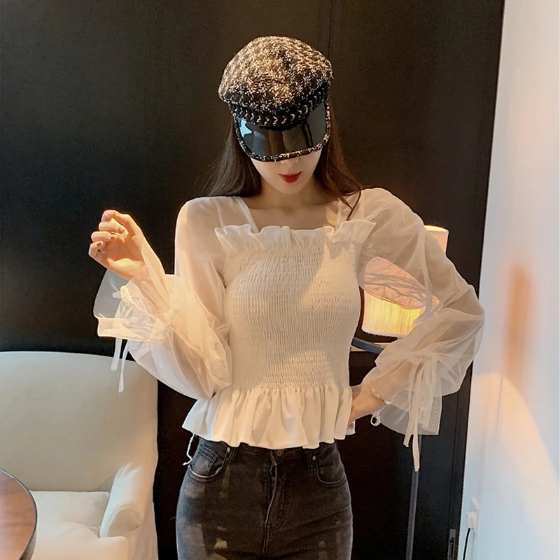 

Korean Style Autumn Blusas Mujer De Moda Crop Top Shirts Mesh Long Sleeve Perspective Blouse Fashion Brand Tops Vetement Femme