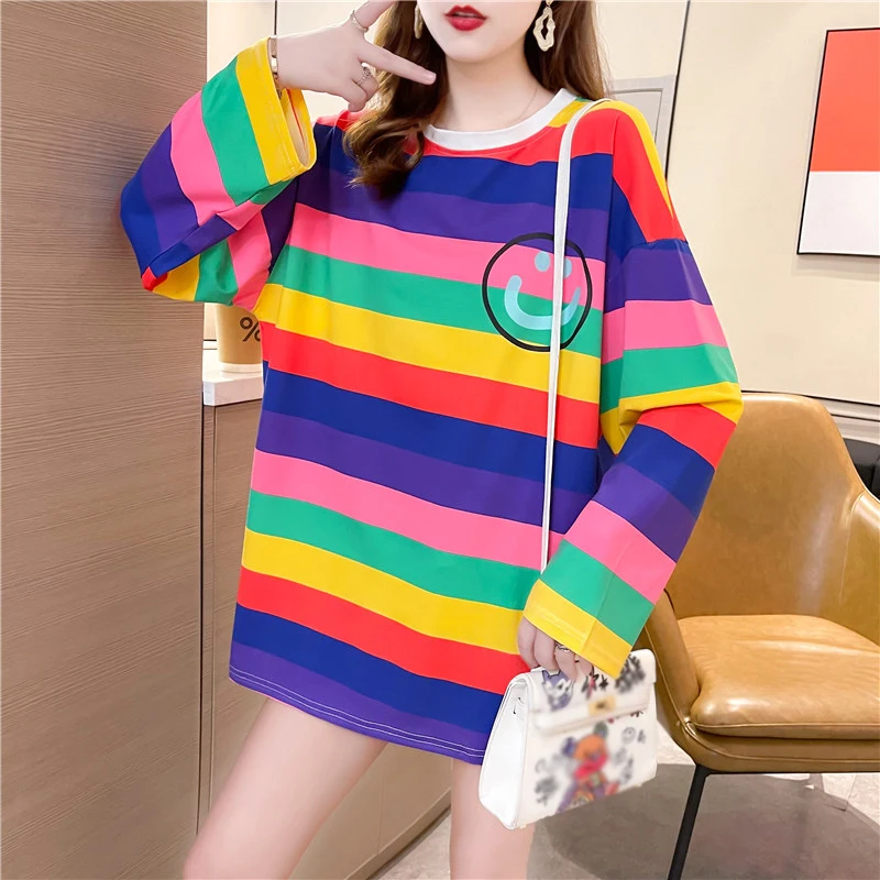 

Harajuku-Camiseta holgada a rayas para mujer, ropa informal de manga larga de los 90, ropa de calle