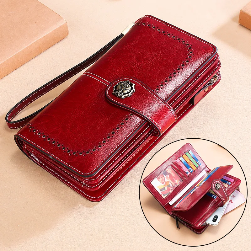 European and American Genuine Leather Women's Wallet New Multi-Function Clutch Vintage Wax Leather Long Wallet Wallet