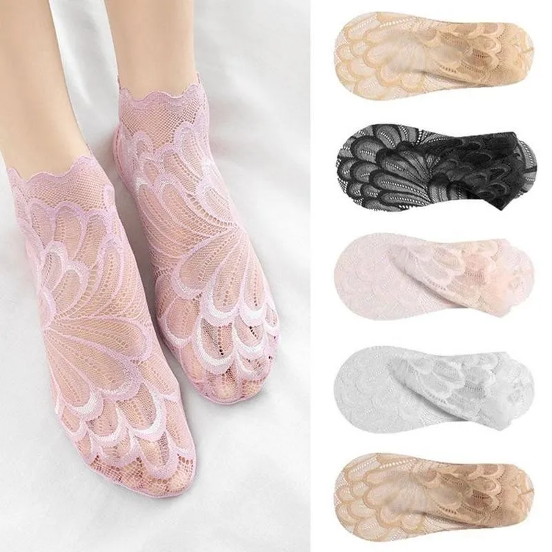 

Peacock Feather Pattern Lace Ultra-Thin Invisible Sock Breathable Ship Socks Fashion Casual Crystal Silk Women Socks Person T6C8