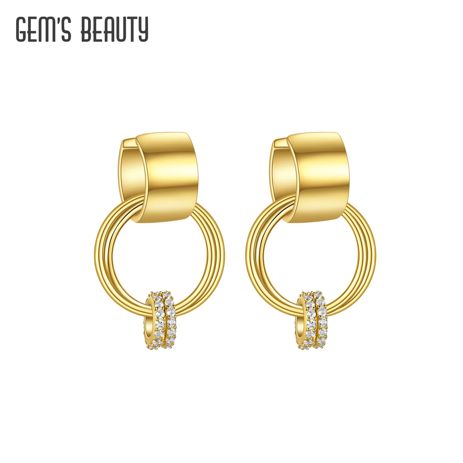 

GEM'S BEAUTY 18K Gold Filled 925 Sterling Silver Connected Linked Circles Earrings Pave CZ Huggie with Double Circle Earrings