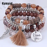 kymyad bohemian fashion brown resin stone bracelets for women silver color tassel coin charming bracelet femme beads pulseras