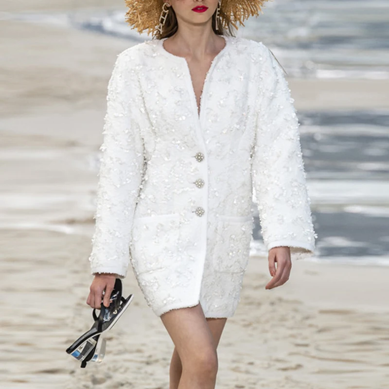 Белая твидовая куртка женская однобортная длинная 2019 осенне зимнее дамское