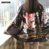 jddton summer women satin yukata kimono print loose fashion long cardigan outerwear vintage coats casual female overcoats je094