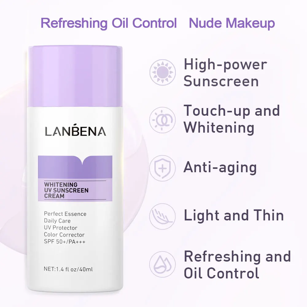 Отбеливающий солнцезащитный крем LANBENA SPF50 + фиолетовый для лица лосьон с