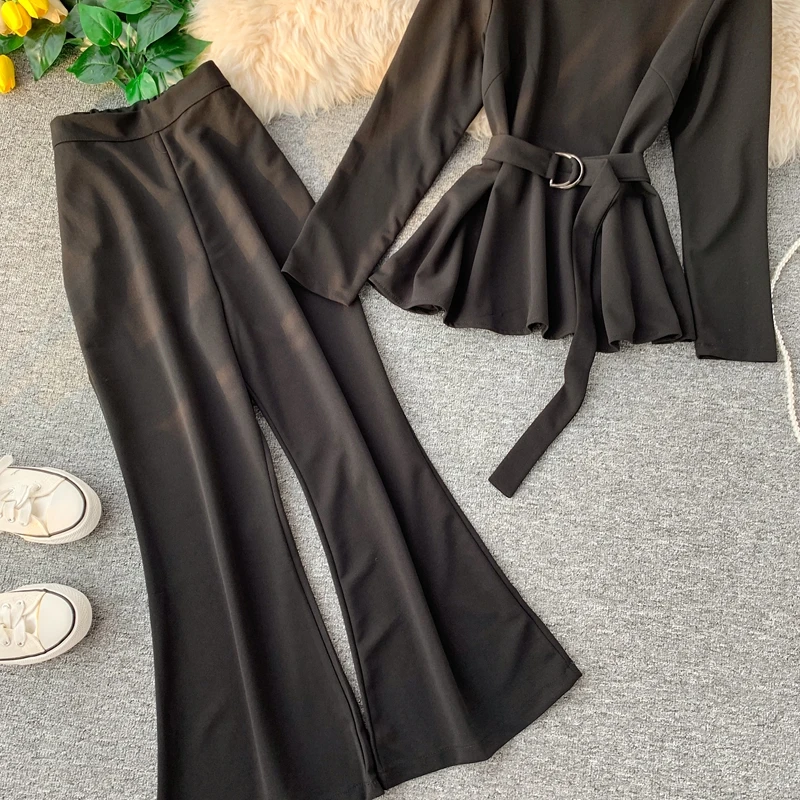 ALPHALMODA модный костюм с длинными рукавами пуловер пояс-кушак наряд+ расклешенные ноги дамы 2 шт брюки костюмы сплошной осенний комплект одежды