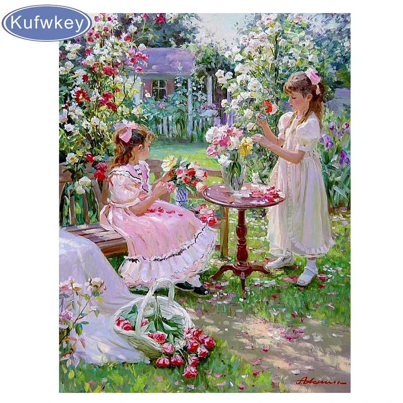 

Full diy 3D diamond painting cross stitch flower garden with children diamond embroidery picture home decorative mosaic painting