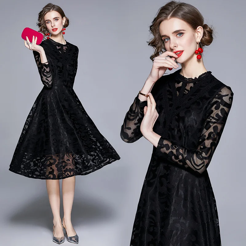 

Simgent Women Dress Mesh Patchwork Slim Elegant One Neck Long Sleeve A Line Office Lady Black Lace Dress Vestidos Bureau SG12221