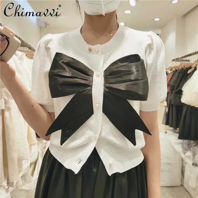 

Вязаный кардиган контрастных цветов с большим бантом и V-образным вырезом, короткий Свободный Топ с коротким рукавом-фонариком и жемчужной ...