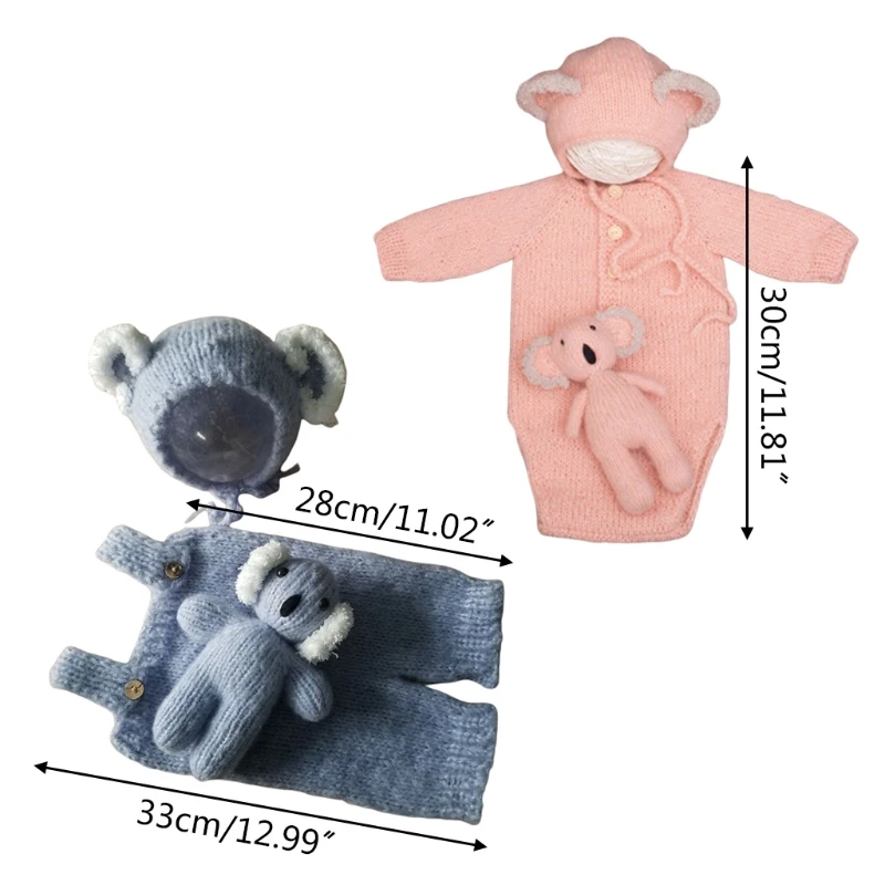 

3Pcs Newborn Baby Photography Props Knitted Jumpsuit with Beanie Hat Koala Doll