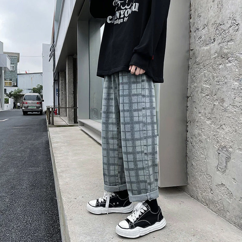 Men's Jeans Checkerboard High End Straight Loose New Gray Couples Movement College 2021 Trousers Fashion Free Shipping