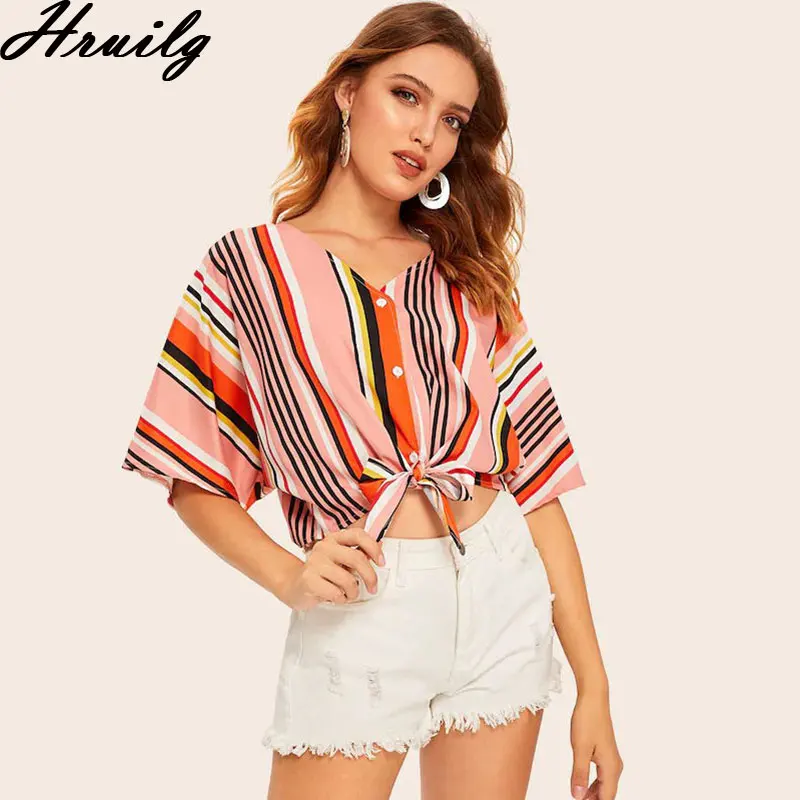 

Women Blouses Summer Holidays Wild V Neck Blouse Women Casual Exposed Navel Button Loose Streetwear Striped Elegant Blouse