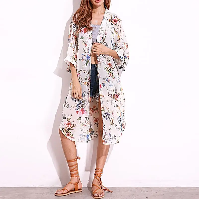 

ZANZEA Women Summer Beach Cardigan Casual 3/4 Sleeve Holiday Kimono Open Front Shirt Bohemian Floral Printed Chiffon Blouse Top