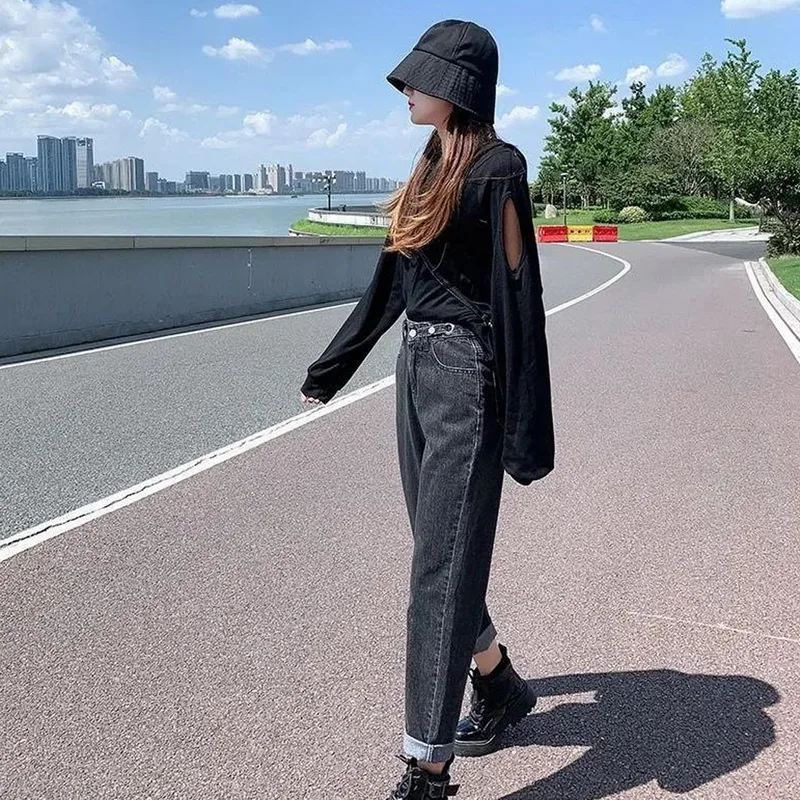 

QRWR Women's Jeans 2020 Fashion New Spring Autumn High Waist Straight Black Jeans for Women Buttons Zipper Ladies Loose Jeans