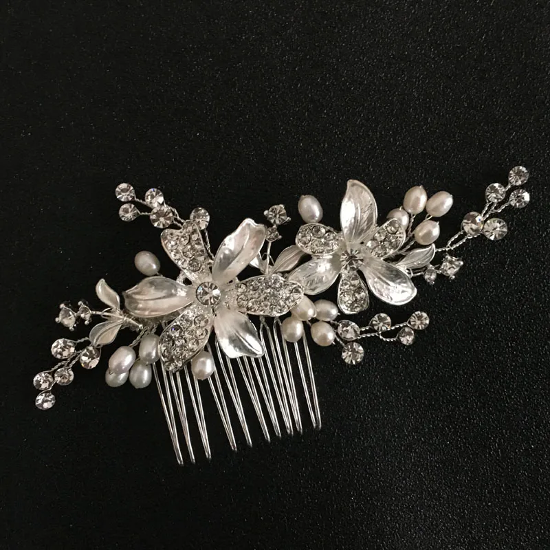 SLBRIDAL Handmade Rhinestones Crystal Freshwater Pearls Flower Wedding Hair Comb Clip Bridal Accessories Women Jewelry | Украшения и