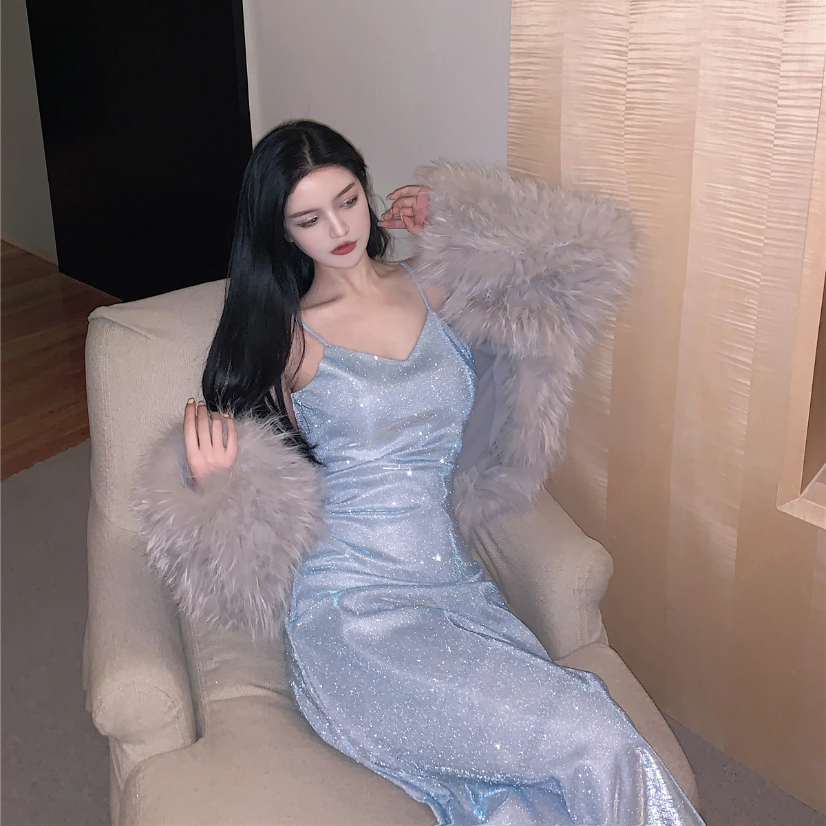 Модное женское платье с оборками сексуальное v-образным вырезом сверкающие