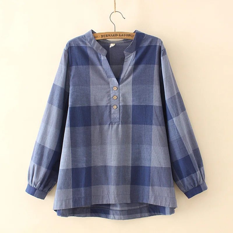 

Plus Size Women's V-neck A-line Blouse Long Sleeved Plaid Fashion Tops Vintage Blusas