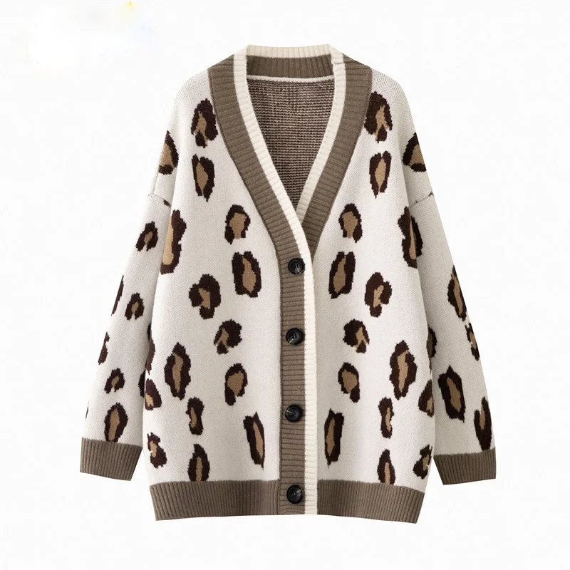 

Женский леопардовый кардиган, длинный вязаный свитер с V-образным вырезом, на пуговицах, верхняя одежда большого размера, зима 2021