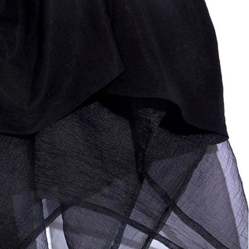

DEAT Women Black Patchwork Gauze Folds Chiffon Dress New Round Neck Short Puff Sleeve Slim Fit Fashion Tide Summer 2021 7D0795