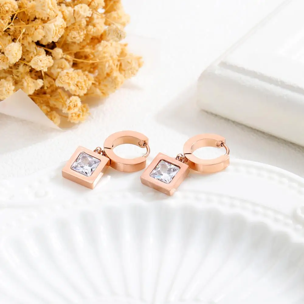 Rose Gold Color Square inlay CZ Hoop Earrings For Women Stainless Steel Ear Jewelry Gift Drop Shipping | Украшения и аксессуары
