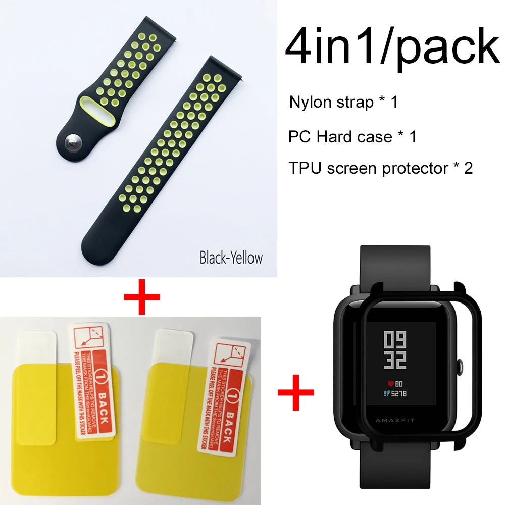 Black yellow-black 4в1 для Xiaomi Huami Amazfit ремешок Bip мягкий спортивный браслет из силикона Smartwatch Браслет с PC чехол Защита экрана - Цвет: Black yellow-black