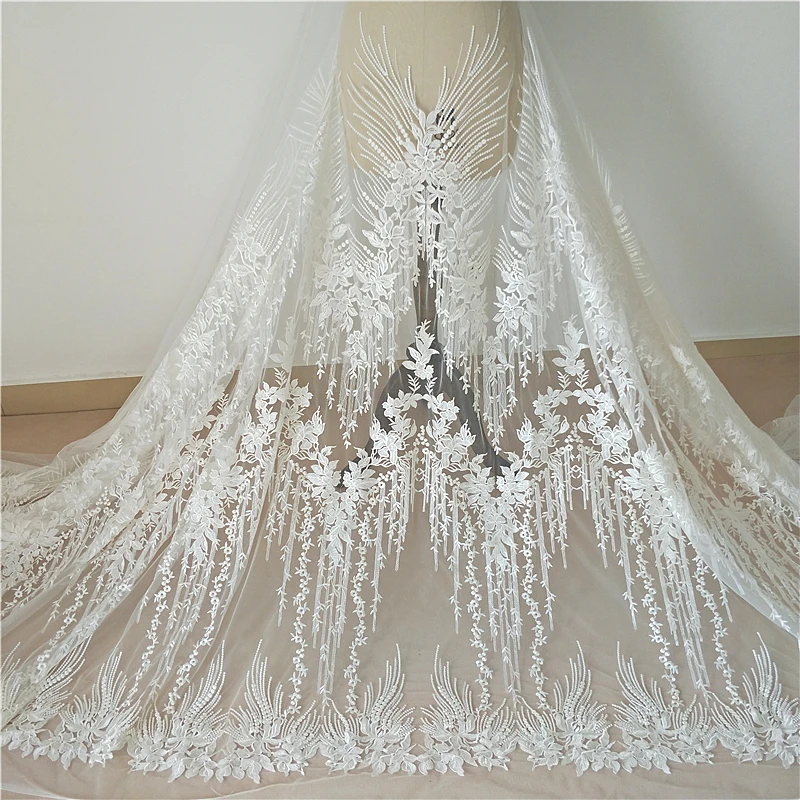 

Thick quality factory price wholesale High quality Rayon embroidered tulle mesh lace, Ivory lace wedding dress lace