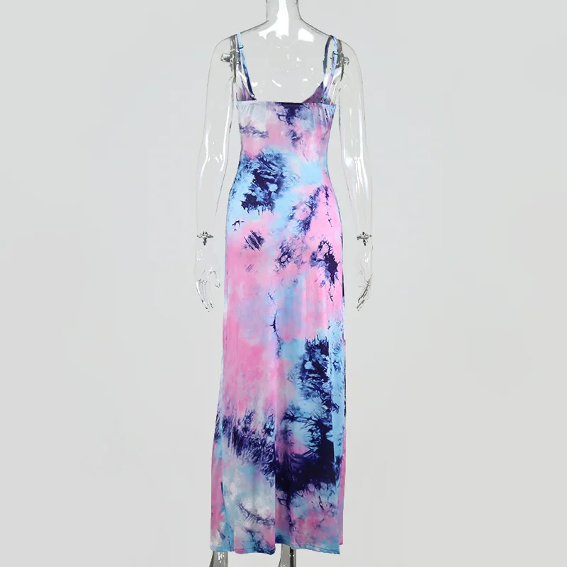 

Tie Dye Long Dress Women V-neck Spaghetti Strap Backless Sexy Dresses Summer Side High Split Maxi Dress Party Vestidos
