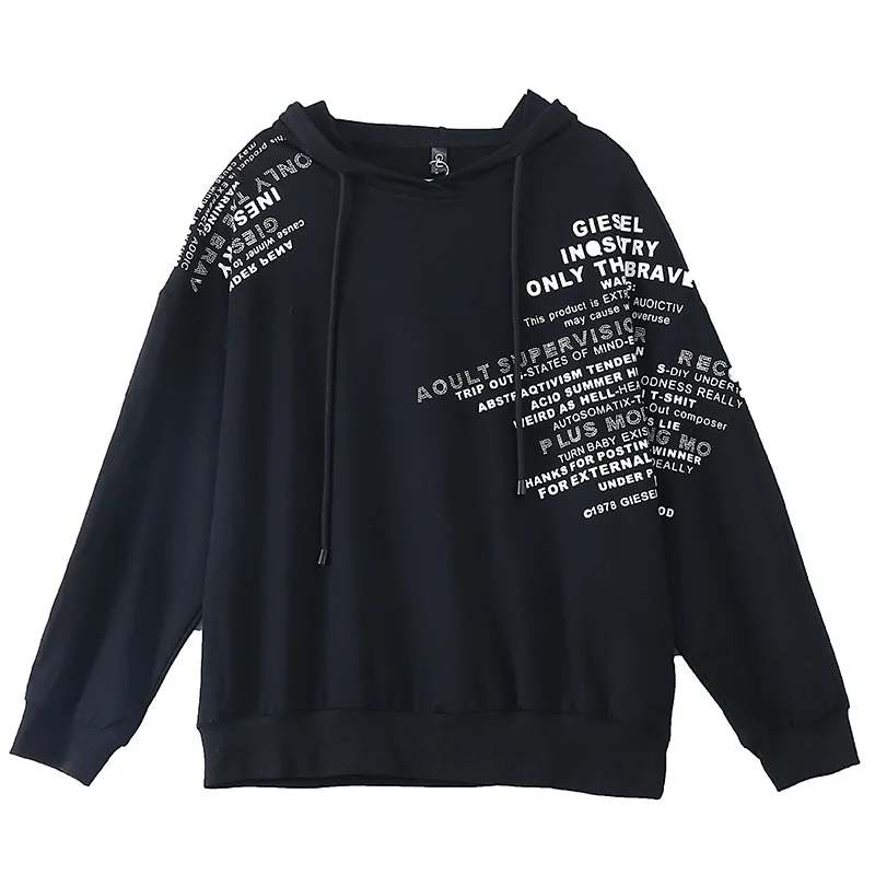 

Letter Printing Loose Batwing Sleeves Black Color Hooded Hoodies For Women Streetwear Hip Hop Fashion Tops And Tees Female