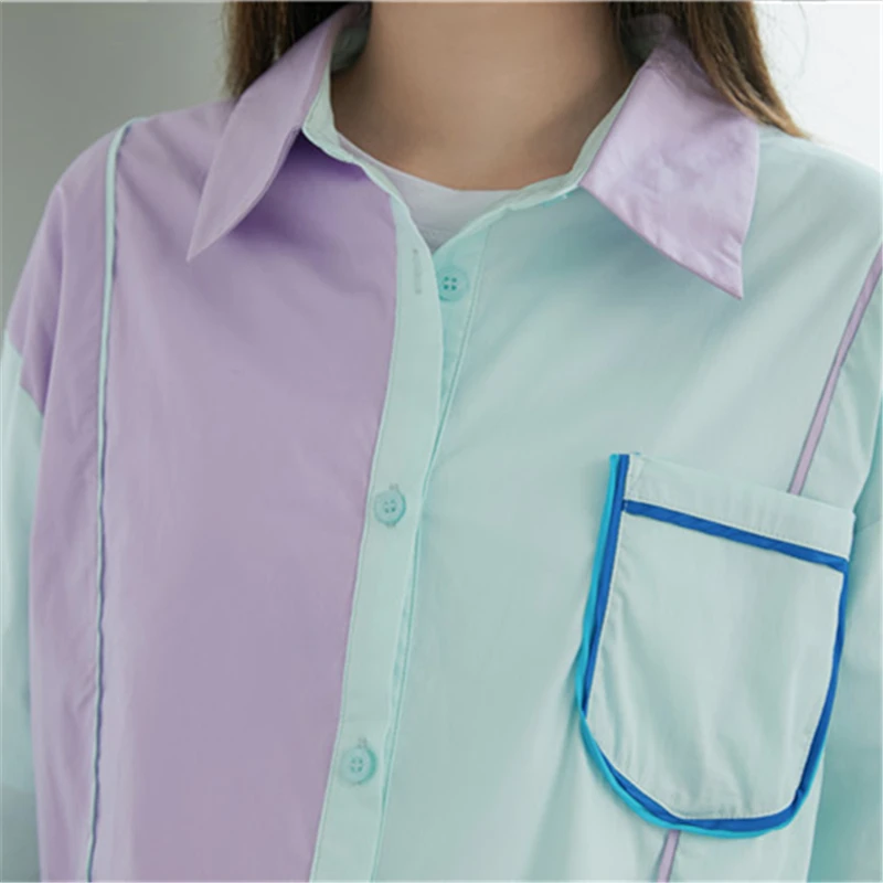 

New Spring Autumn Casual Fashion Shirt Women Turn-Down Collar Ladies Patchwork Long Sleeve Loose Shirt Coat Female Y58