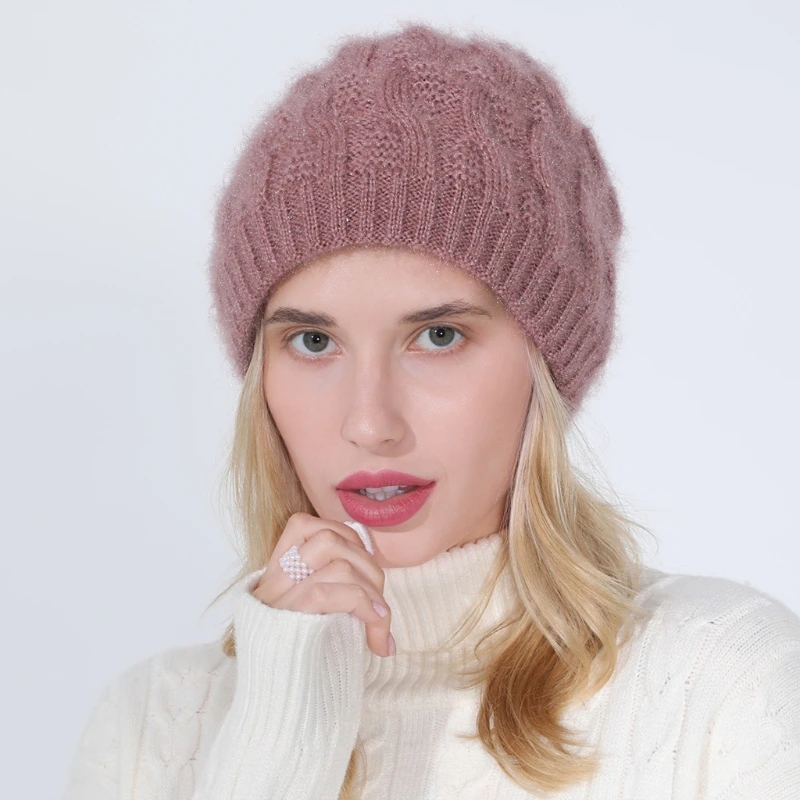 Женская Зимняя Вязаная Шапка бини однотонная плотная плюшевая мешковатая с