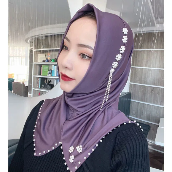 2022 اللؤلؤ ديكور النساء المسلمات ارتداء قناع الحجاب المدرسة رخيصة