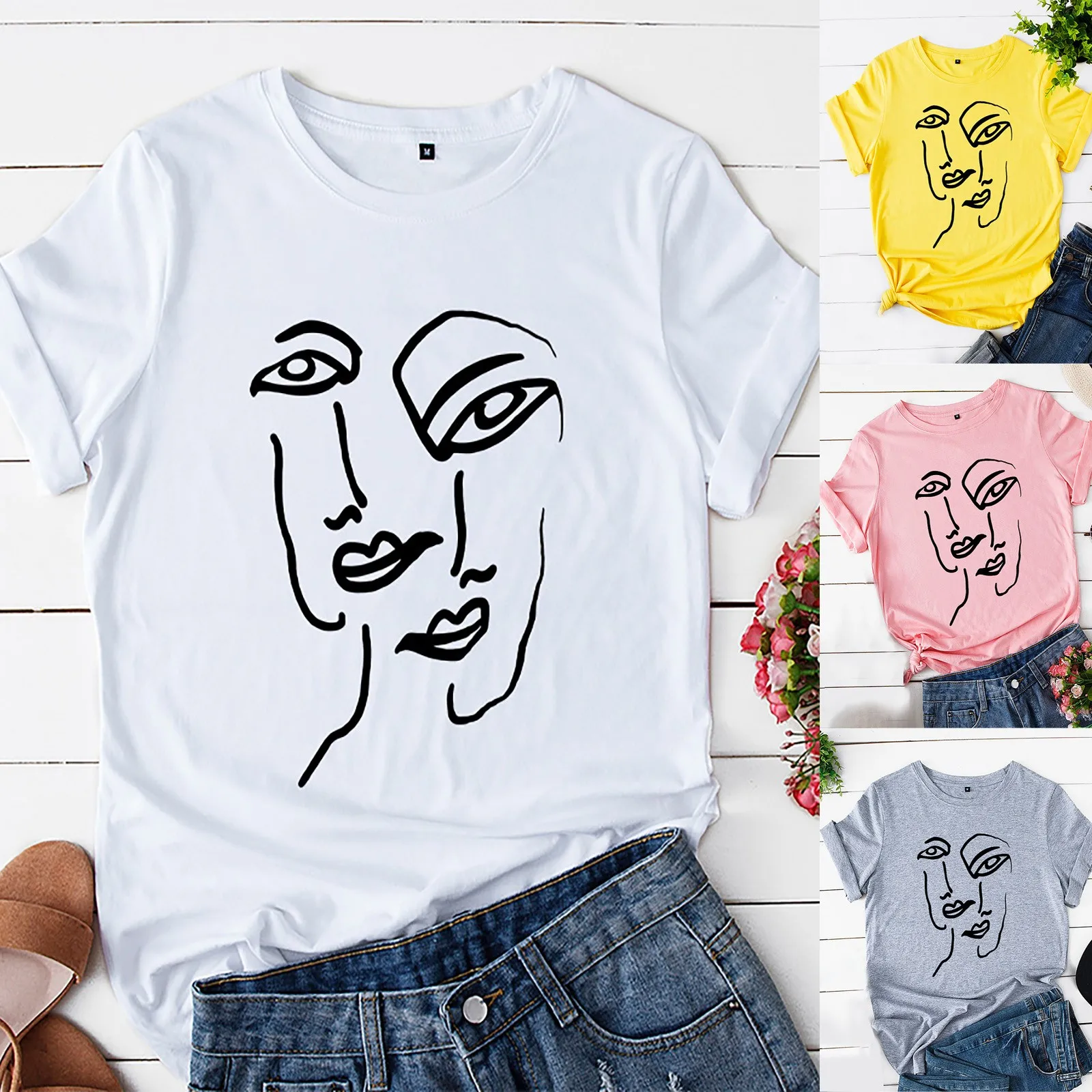 

Oversized Funny Face Print T-shirt For Women Casual Loose Round Neck Blouses Top Summer Female All-match Tee Tops Женские Футбол