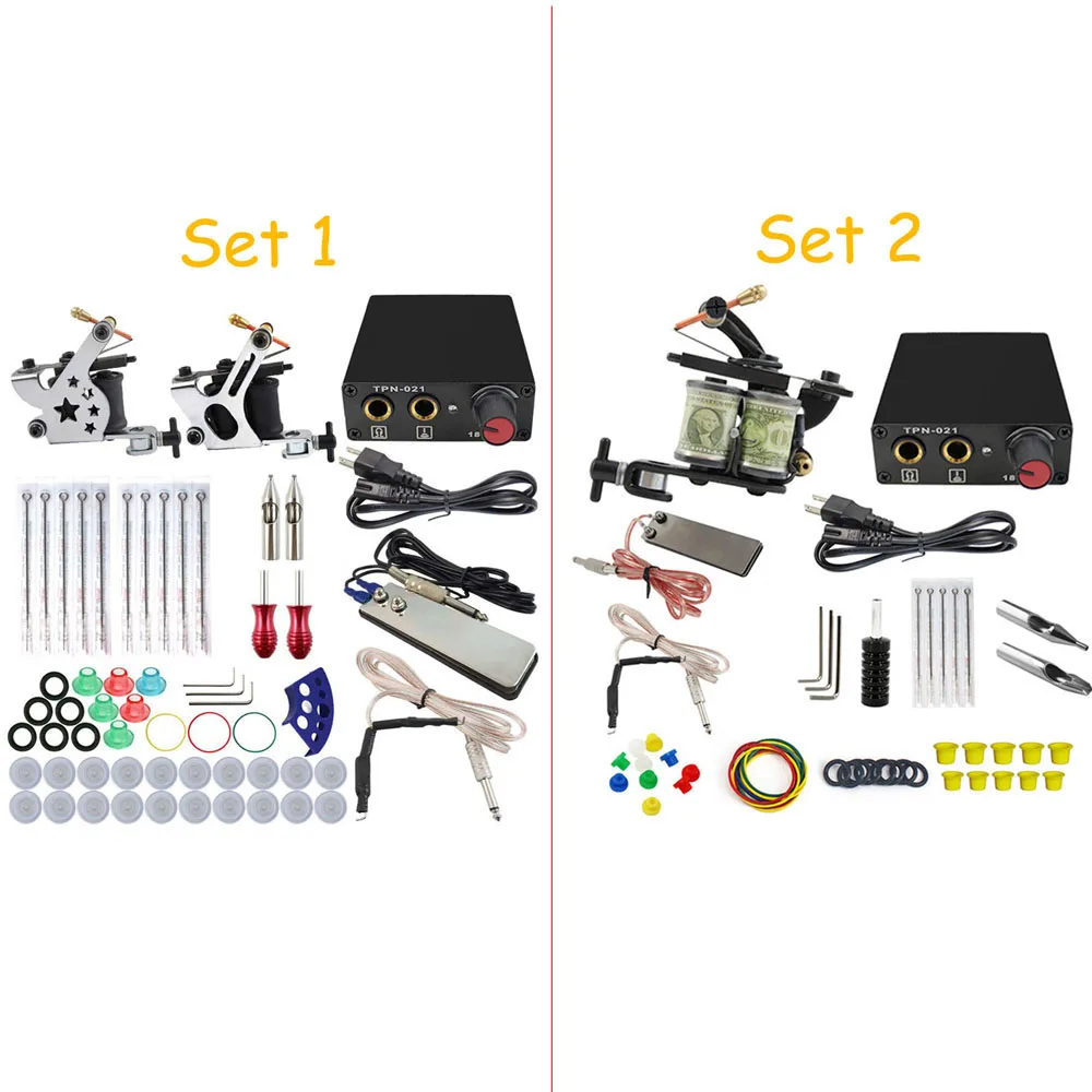 

Complete Tattoo Machine Kit Set 2 Coils Guns Sets Power Tattoo Beginner Grips Kits Permanent Makeup