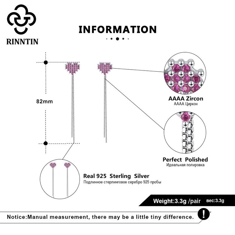 

Rinntin Real 925 Sterling Silver 82MM Stud Earrings Heart Shape Enamel AAAA Zircon Ear Hook For Dating Aniversary Female TEQE15