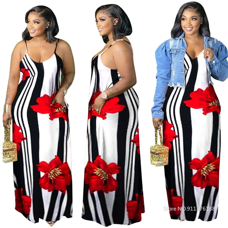 

Summer Women's Slip Dress Wholesale 2021 Lady Bohemian Long Dresses Backless Striped Plus Size Floral Dress Dropshipping