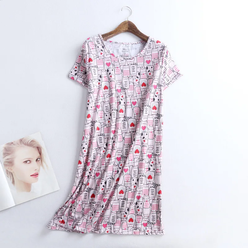 

Женская ночная рубашка с круглым вырезом, розовая ночная рубашка с мультяшным рисунком, летняя Милая одежда для сна, повседневные домашние ...