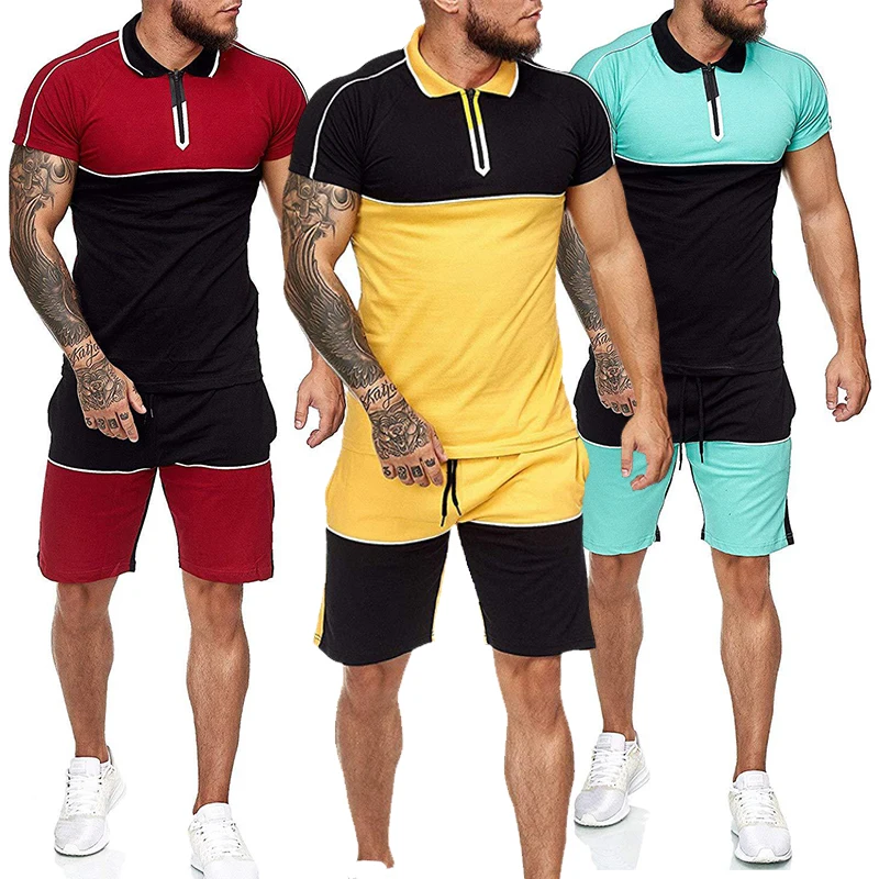 

Track Suit Mens Short Tracksuit Set Colorblock 2 Piece Male Sets Men Slim Polo Set Lapel Shirt and Shorts Sweat Suit