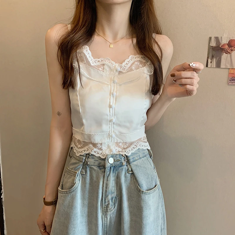 

New Summer Casual Women Button Camisole Base Solid Large size V-Neck Tops French Lace Lady Chic Sleeveless Female Top A572