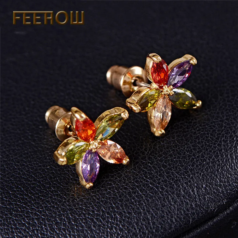 FEEHOW разноцветные камни CZ серьги для женщин цветок кубический цирконий Кристалл