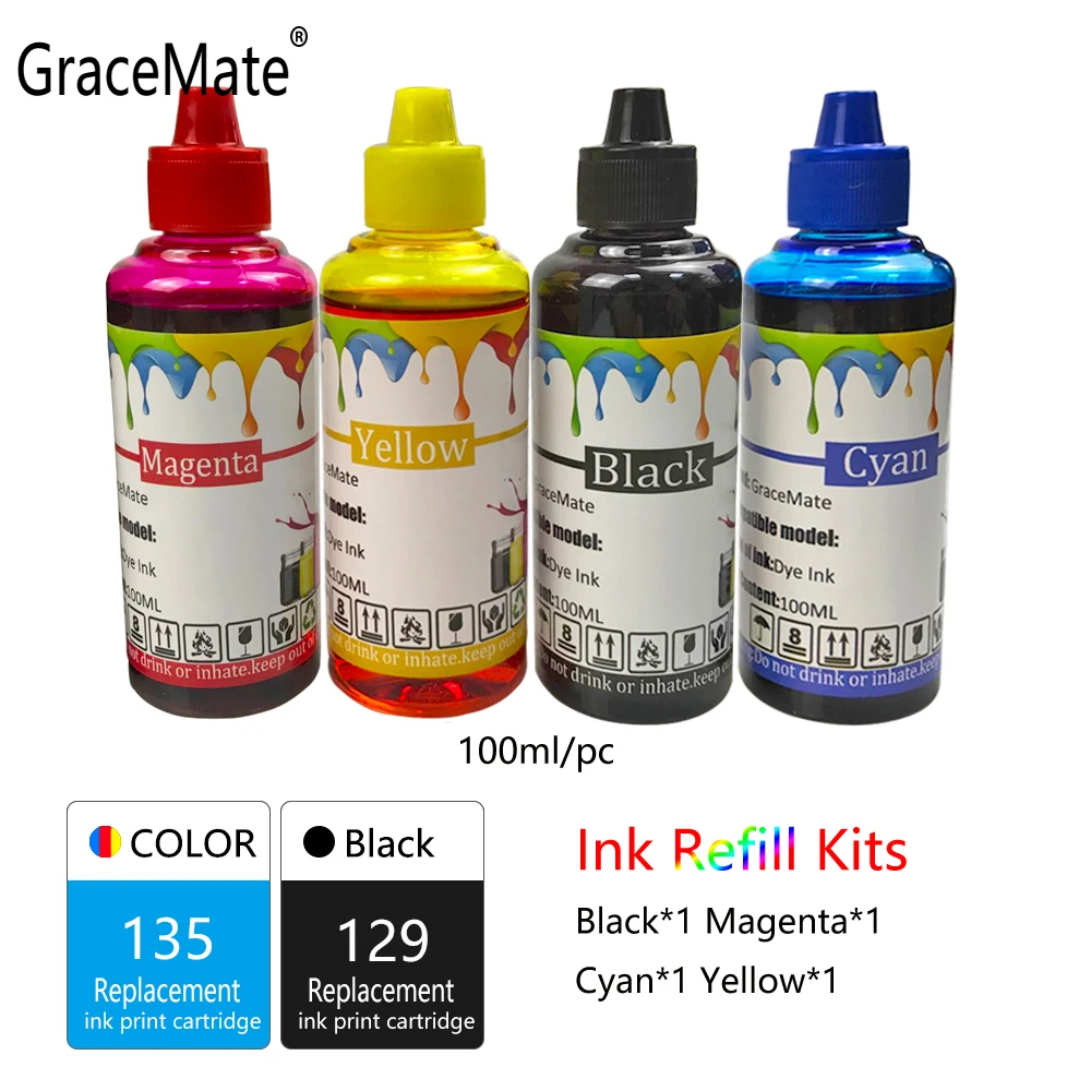 Сменная бутылка чернил GraceMate для принтера HP 129 135 C4140 C4150 C4170 C4173 C4175 C4180 C4183 C4188 C4190
