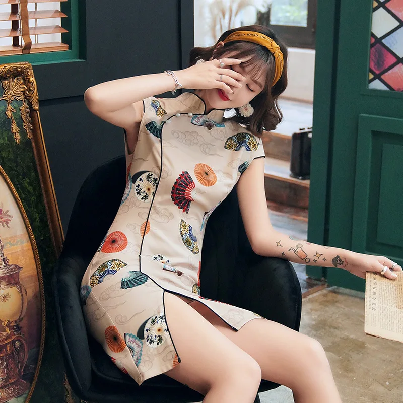 

New Arrival Short Style Women's Mini Cheongsam Summer Chinese Rayon Slim Qipao Dress Vestidos Size S-2XL