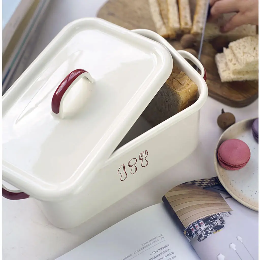 

Enamel Bread Box Food Storage Butter Holder with Lid Organizer Multifunction Container Store Waffles Loaf Bin for Kitchen Large