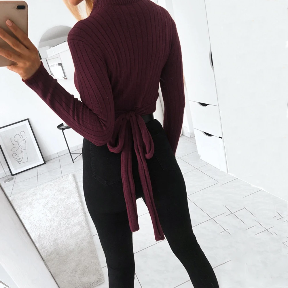 

Sexy Turtleneck Back Bandage Cropped Sweaters Casual Long Sleeve Tops Tunic Women Sweater White Wine Red Casual Winter Clothes