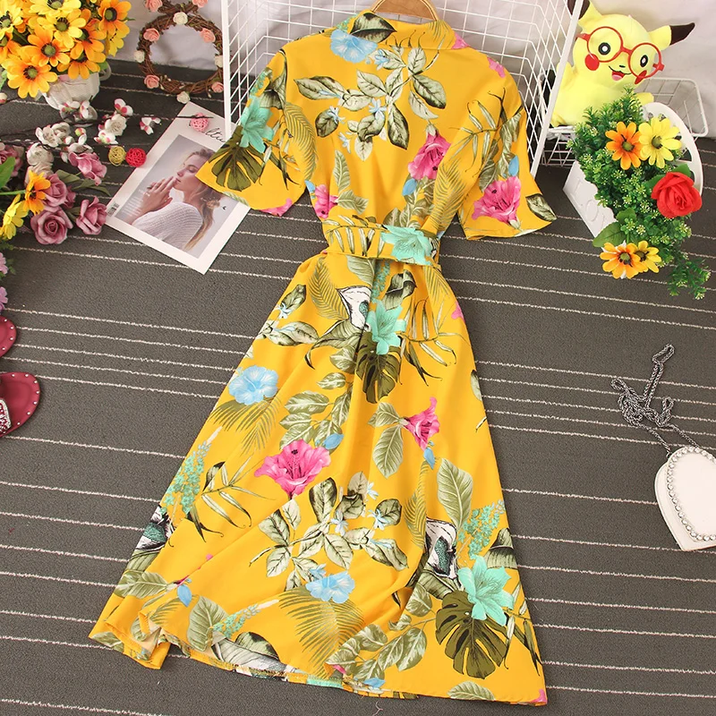 

YIZZHOY Summer New Lady Short Sleeve Turn-down Collar Slim Vacation Dress Women Beach Style Floral A-line Midi Dress with Belt