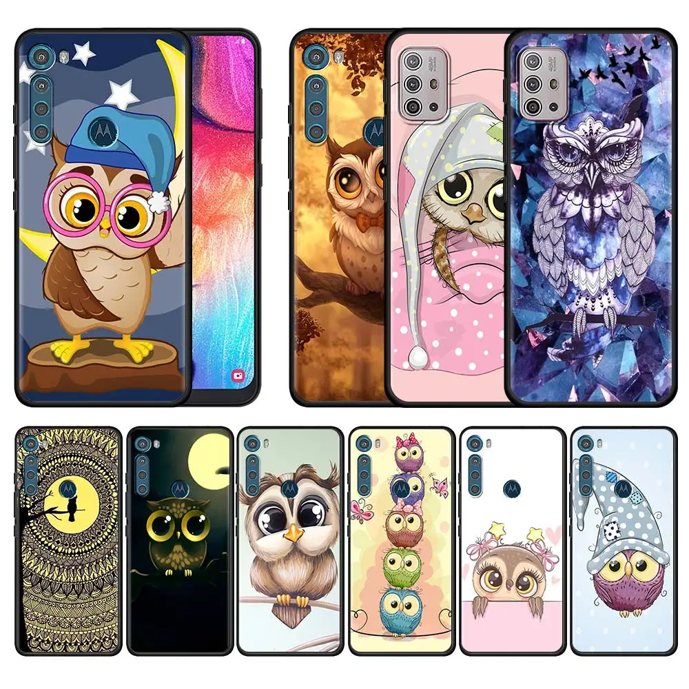 

Lovely Animal Owl Case for Motorola Moto G9 Play G8 Power Lite One Fusion Plus G Stylus Black Phone Shell Cover G30 Edge Sac