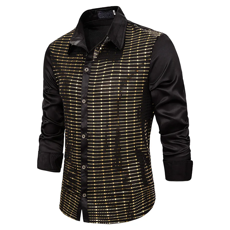 Рубашка мужская с золотыми блестками шелковая атласная пайетками | Мужская